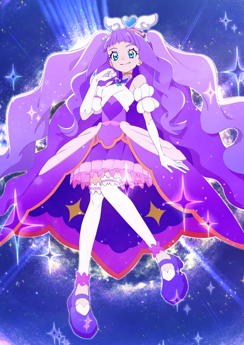 1girl aqua_eyes backlighting brooch closed_mouth clothing_cutout commentary cure_majesty dress earclip elbow_gloves ellee-chan floating frilled_skirt frills full_body gloves half-dress hand_in_own_hair highres hirogaru_sky!_precure jewelry ji-ma layered_skirt long_hair looking_at_viewer magical_girl medium_dress miniskirt night night_sky outdoors pleated_skirt precure purple_dress purple_footwear purple_hair shoes short_sleeves shoulder_cutout skirt sky smile solo star_(sky) starry_sky thighhighs two_side_up very_long_hair white_gloves white_thighhighs wing_brooch wing_hair_ornament