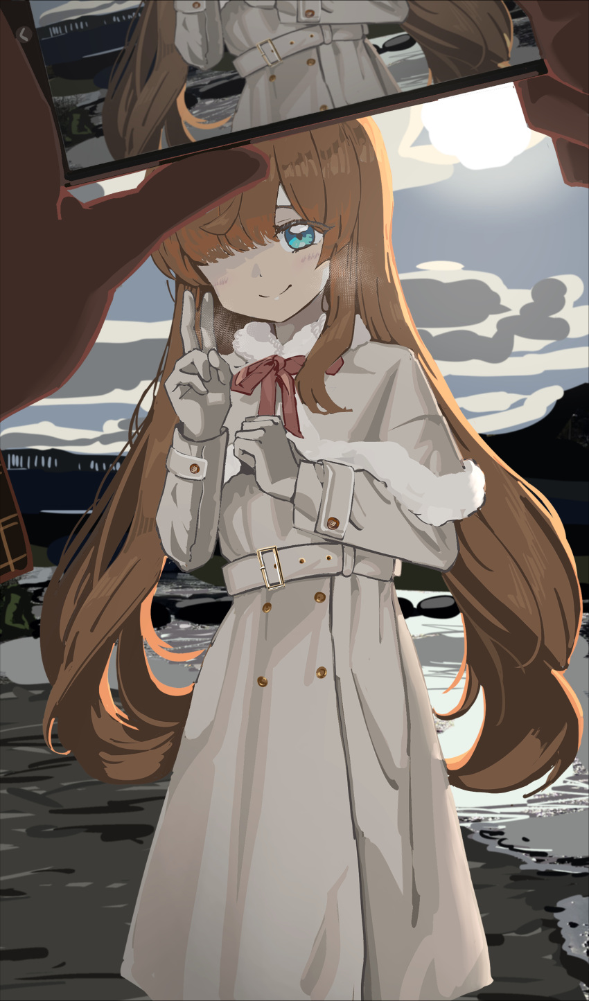 1girl absurdres anisakisu blue_eyes blue_sky blunt_bangs breath brown_hair capelet closed_mouth cloud coat cowboy_shot gloves hair_over_one_eye hand_up highres holding holding_phone kiratto_pri_chan long_hair long_sleeves looking_at_viewer neck_ribbon nervous_smile nijinosaki_dia outdoors parted_hair phone pov pov_hands pretty_series red_ribbon ribbon sky smile standing taking_picture v very_long_hair water white_capelet white_coat white_gloves