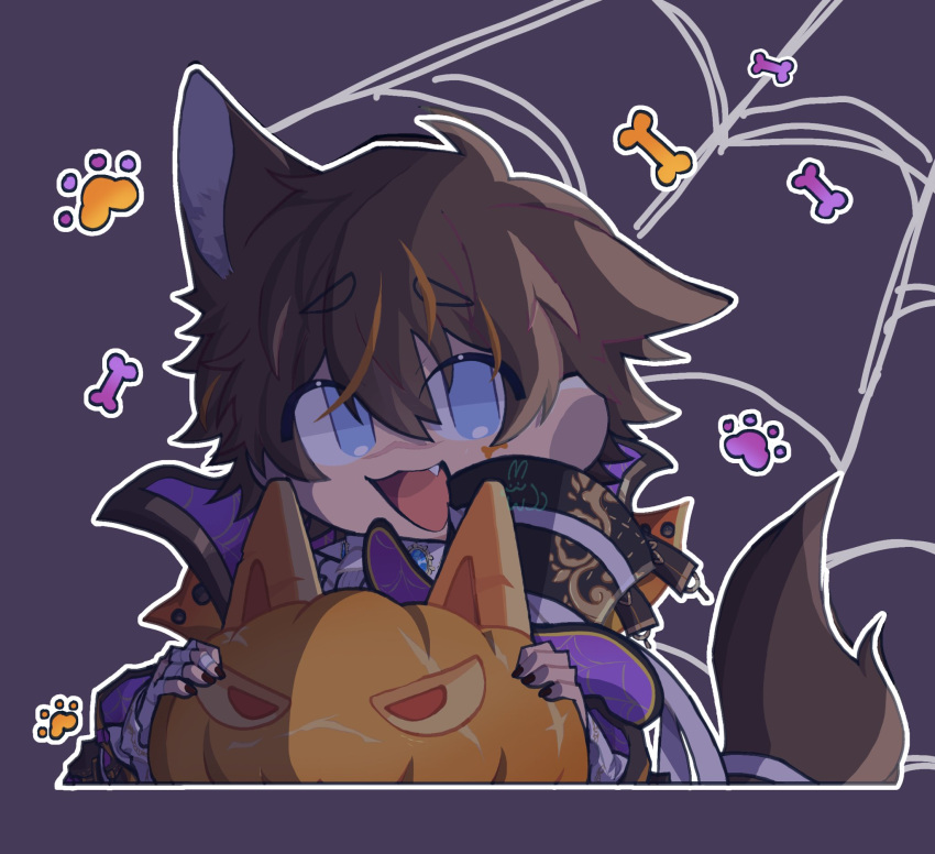 ambiguous_gender animal_humanoid blue_eyes bone canid canid_humanoid canine canine_humanoid chibi facial_scar fangs footprint garu_(nu:_carnival) hi_res human_and_animal_ears humanoid inner_ear_fluff jack-o'-lantern kinnencarnivaru mammal mammal_humanoid multi_ear nu:_carnival one_ear_up open_mouth pawprint prick_ears scar solo spider_web tail teeth tuft wolf_humanoid