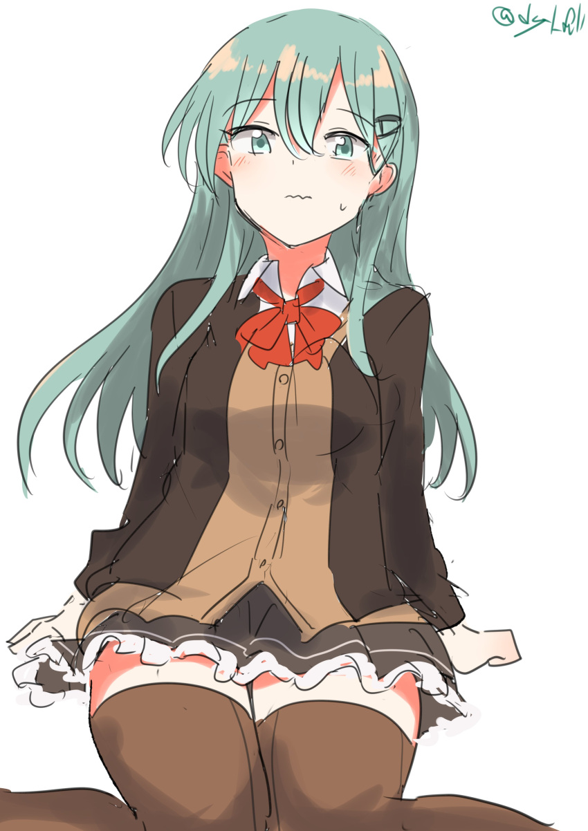 1girl absurdres bow bowtie brown_cardigan brown_jacket brown_skirt brown_thighhighs cardigan collared_shirt dress_shirt green_eyes green_hair hair_ornament hairclip highres jacket kantai_collection long_hair one-hour_drawing_challenge pleated_skirt red_bow red_bowtie robinson_(day_l_full) shirt simple_background sitting skirt solo suzuya_(kancolle) thighhighs twitter_username wavy_mouth white_background white_shirt