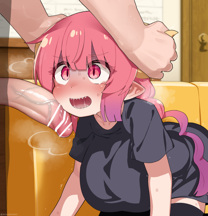 1boy 1girl ^^^ absurdres all_fours bar_censor black_shirt black_thighhighs blush breasts censored couch dragon_girl dragon_horns ear_blush erection gloom_(expression) gradient_hair heavy_breathing hetero highres horn_grab horns ilulu_(maidragon) indoors kobayashi-san_chi_no_maidragon mixed-language_commentary mizumizuni multicolored_hair nose_blush on_couch paid_reward_available penis penis_on_face pink_eyes pink_hair pointy_ears purple_hair saliva sharp_teeth shirt short_sleeves slit_pupils solo_focus sweat tearing_up teeth thighhighs twintails variant_set veins veiny_penis yellow_horns