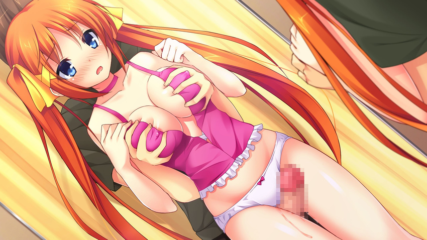 1girl blue_eyes blush breast_grab censored chiri_(atlanta) chuablesoft collarbone game_cg grabbing highres hinohara_kei long_hair no_bra open_mouth orange_hair panties penis twintails underwear wagaya_no_himegami-sama! white_panties