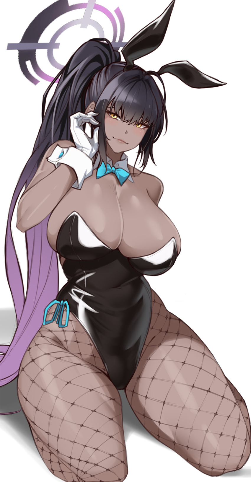 1girl absurdres animal_ears arm_up artist_name bare_shoulders black_hair black_leotard blue_archive blue_bow blue_bowtie blush bow bowtie breasts brown_lips bursting_breasts collar curvy dark-skinned_female dark_skin extraction fake_animal_ears fishnet_pantyhose fishnets gloves got_ji_(gojich1) gradient_hair halo highres huge_breasts karin_(blue_archive) karin_(bunny)_(blue_archive) leotard lips long_hair looking_at_viewer multicolored_hair narrow_waist negative_space official_alternate_costume pantyhose playboy_bunny purple_hair rabbit_ears ribbon seiza shadow sideboob simple_background sitting skindentation smile strapless strapless_leotard thick_thighs thighs very_long_hair white_background white_collar white_gloves wide_hips yellow_eyes