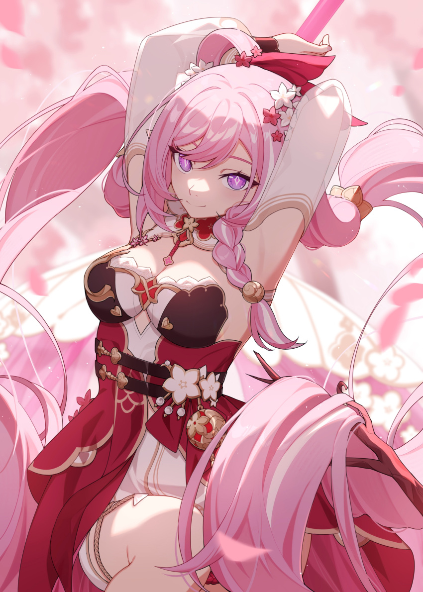 1girl absurdres arms_behind_head blurry braid branch breasts chinese_clothes cleavage clothing_cutout commentary_request cowboy_shot depth_of_field dress elf elysia_(honkai_impact) elysia_(peachy_spring)_(honkai_impact) falling_petals flower hair_between_eyes hair_flower hair_ornament hair_ribbon highres honkai_(series) honkai_impact_3rd lexingrakukouu long_hair looking_at_viewer petals pink_hair pointy_ears puffy_sleeves purple_eyes red_dress red_flower red_ribbon ribbon see-through see-through_sleeves single_braid smile solo symbol-shaped_pupils very_long_hair white_flower