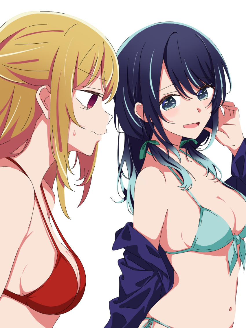 2girls aqua_ribbon bare_shoulders bikini blonde_hair blue_bikini blue_eyes blue_hair blue_jacket breast_envy breasts cleavage closed_mouth commentary front-tie_bikini_top front-tie_top gradient_hair hair_between_eyes hair_ribbon halterneck highres hoshino_ruby jacket kurokawa_akane kusana_(kusana47454281) light_blue_hair long_hair looking_at_viewer low_twintails medium_breasts multicolored_hair multiple_girls navel open_clothes open_jacket open_mouth oshi_no_ko purple_eyes red_bikini ribbon sideboob sidelocks simple_background stomach sweatdrop swimsuit twintails upper_body white_background