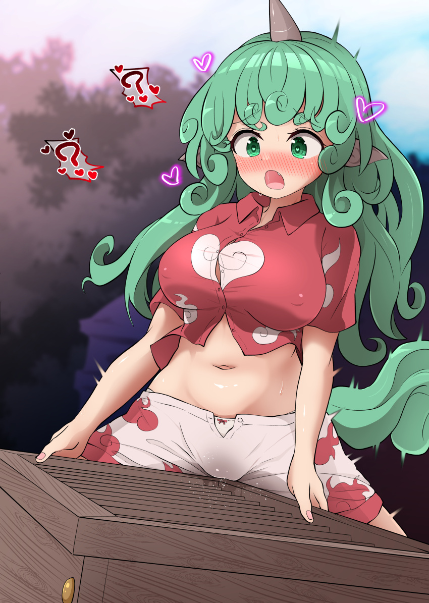 1girl absurdres animal_ears blush box breasts chups clothed_masturbation cloud_print commentary_request covered_nipples crotch_rub curly_hair donation_box female_masturbation green_eyes green_hair hakurei_shrine highres horns kariyushi_shirt komainu_ears komano_aunn large_breasts long_hair masturbation masturbation_through_clothes midriff navel open_mouth public_indecency public_masturbation pussy_juice pussy_juice_drip_through_clothes pussy_juice_stain red_shirt shirt short_sleeves shorts single_horn solo table_humping touhou white_shorts