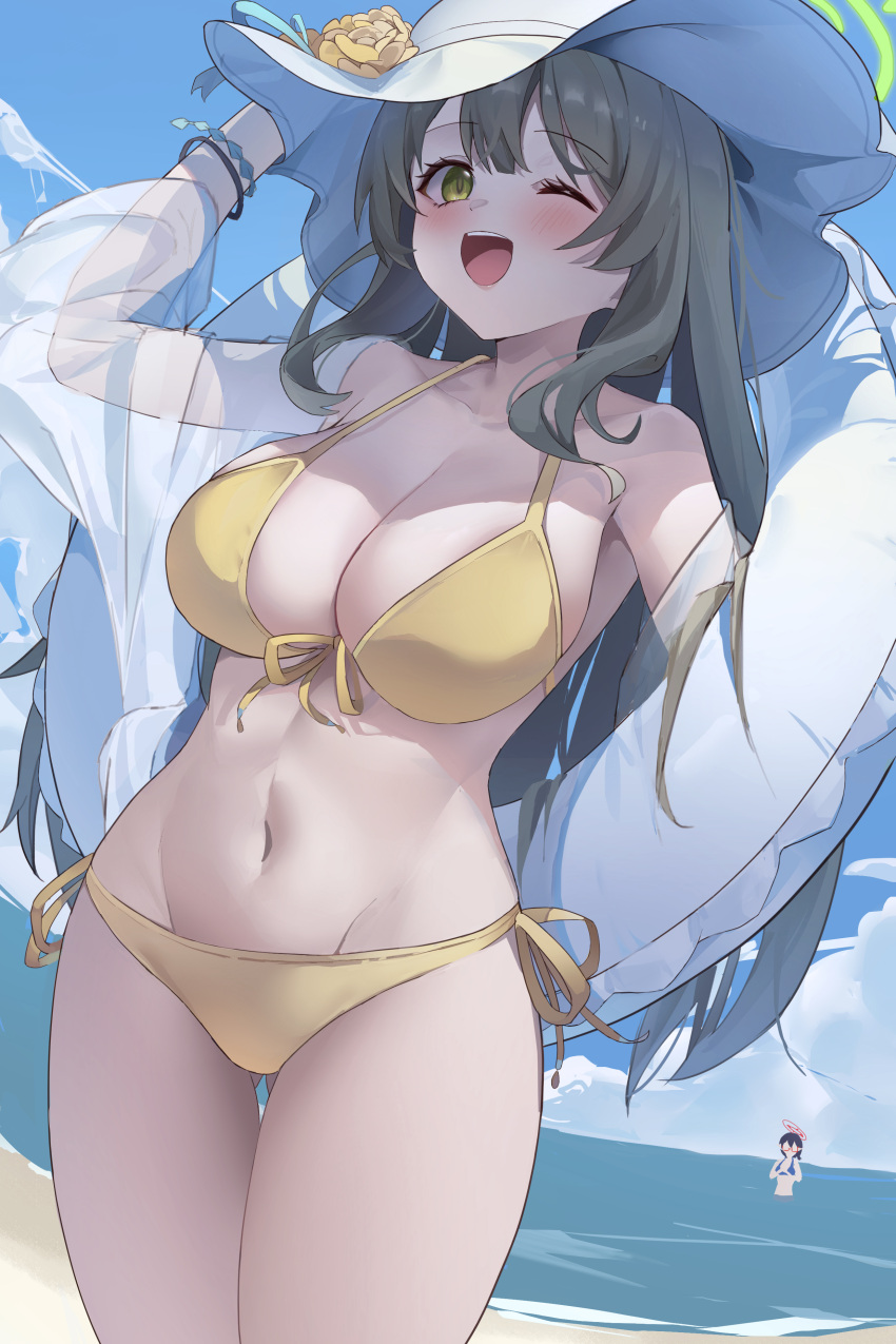 2girls ;d absurdres ass_visible_through_thighs ayane_(blue_archive) ayane_(swimsuit)_(blue_archive) beach bikini blue_archive blue_sky bracelet breasts brown_hair cleavage cloud commentary_request day deceit_(decit) green_halo halo hat highres jewelry large_breasts long_hair looking_at_viewer multiple_girls navel nonomi_(blue_archive) nonomi_(swimsuit)_(blue_archive) ocean official_alternate_costume one_eye_closed open_mouth outdoors red_halo side-tie_bikini_bottom sky smile standing swimsuit teeth thigh_gap thighs upper_teeth_only white_headwear yellow_bikini