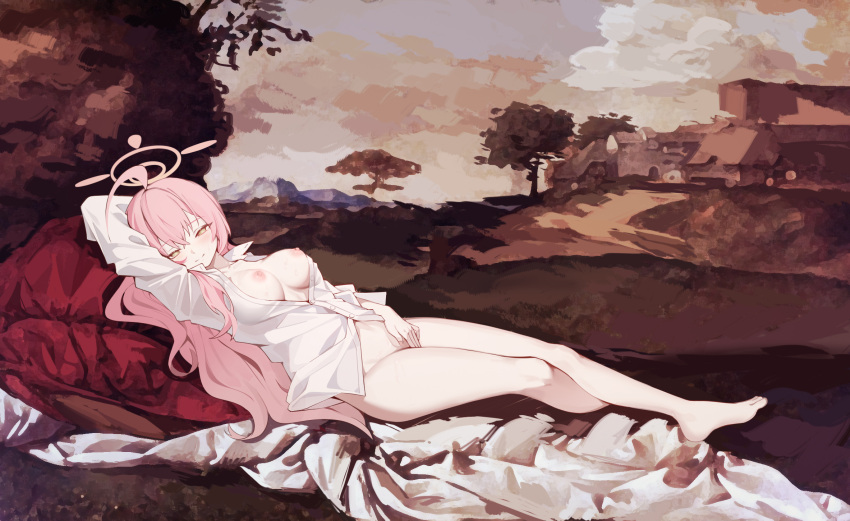 1girl ahoge alisi arm_pillow bare_legs barefoot blue_archive blush bottomless breasts chinese_commentary closed_mouth cloud commentary_request covering_crotch covering_privates crossed_bangs dress_shirt feet grass hair_between_eyes half-closed_eyes halo hanako_(blue_archive) highres house large_breasts long_hair long_sleeves looking_at_viewer lying mountain naked_shirt nipples on_back outdoors partially_unbuttoned pink_hair pink_halo reference_request shirt smile solo split_mouth sweat toes tree very_long_hair white_shirt yellow_eyes