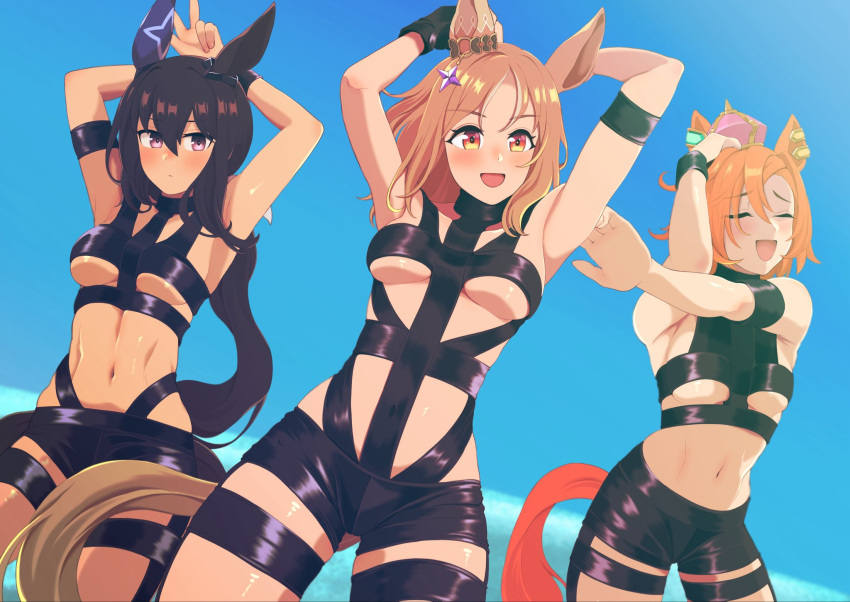 1girl admire_vega_(umamusume) alternate_breast_size alternate_costume animal_ears armpits arms_up black_gloves blue_sky blush breasts closed_eyes closed_mouth commentary_request covered_nipples cowboy_shot crown ear_covers ear_ornament fingerless_gloves gloves hair_between_eyes highres horse_ears horse_girl hot_limit kumabachi315 long_hair looking_at_viewer medium_breasts midriff name_connection narita_top_road_(umamusume) navel one_eye_closed open_mouth orange_hair outdoors ponytail purple_eyes short_hair simple_background single_ear_cover sky smile solo t.m._opera_o_(umamusume) t.m.revolution tape tilted_headwear umamusume