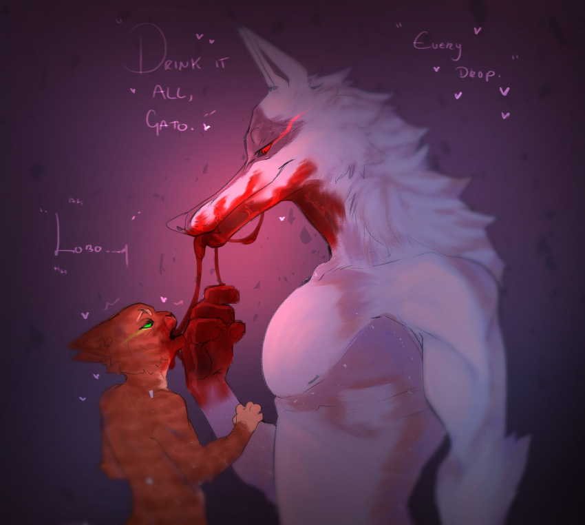 &lt;3 anthro blep blood blood_drip blood_in_mouth blood_on_face blood_on_hand blood_play blood_string bodily_fluids canid canine canis death_(puss_in_boots) dialogue domestic_cat dreamworks drinking drinking_blood dripping dripping_blood duo ears_back facial_markings felid feline felis fur glowing glowing_eyes green_eyes head_markings hi_res looking_at_another looking_at_partner male male/male mammal markings mask_(marking) nude open_mouth orange_body orange_fur pivoted_ears puss_in_boots_(character) puss_in_boots_(dreamworks) red_eyes size_difference smile squibstash standing tabby_cat tongue tongue_out white_body white_fur wolf