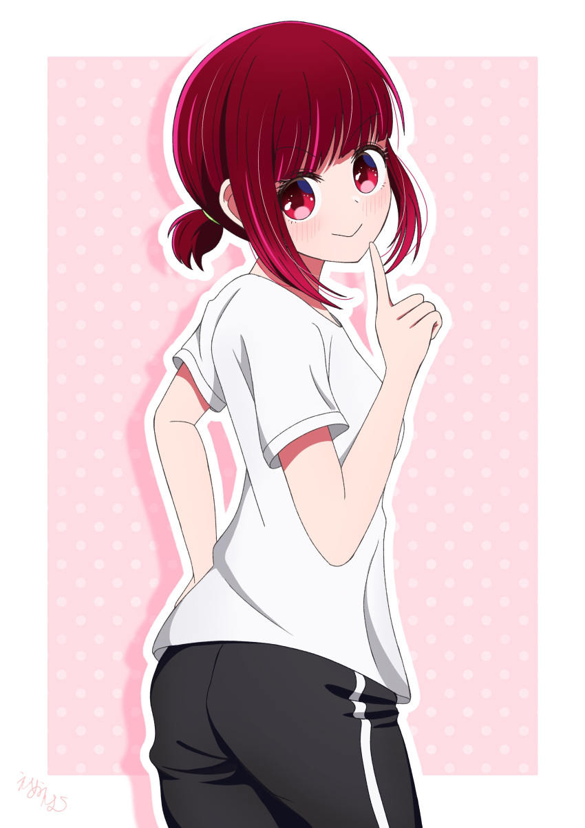 1girl absurdres arima_kana black_pants blush border closed_mouth hair_between_eyes highres low_ponytail medium_hair nm_(blue-rapid) oshi_no_ko pants red_eyes red_hair shirt simple_background smile solo t-shirt white_background white_shirt