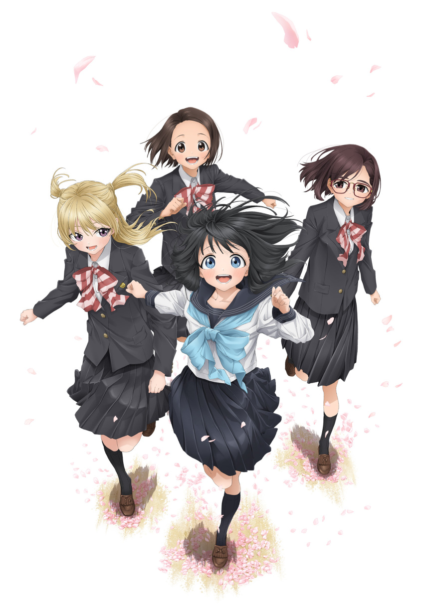 4girls akebi-chan_no_serafuku akebi_komichi artist_request black_hair black_jacket black_skirt black_socks blazer blonde_hair blue_bow blue_bowtie blue_eyes blue_sailor_collar blue_skirt blush bow bowtie brown_eyes brown_footwear brown_hair cherry_blossoms collarbone collared_shirt diagonal-striped_bow diagonal-striped_bowtie diagonal-striped_clothes dress_shirt falling_petals floating_hair glasses highres jacket key_visual kizaki_erika kneehighs kojou_tomono long_hair long_sleeves multiple_girls official_art open_mouth petals pleated_skirt promotional_art purple_eyes red-framed_eyewear red_bow red_bowtie roubai_academy_school_uniform_(new) roubai_academy_school_uniform_(old) running sailor_collar school_uniform serafuku shadow shirt short_hair skirt smile socks striped_clothes teeth two_side_up usagihara_touko white_background white_shirt