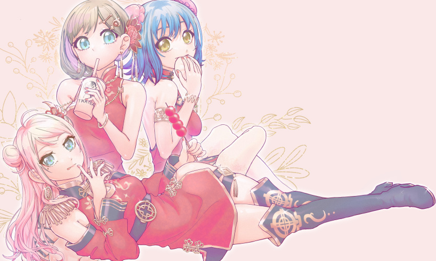 3girls absurdres ahoge bare_shoulders blue_eyes blue_hair boots bracelet breasts china_dress chinese_clothes chinese_commentary commentary cup detached_sleeves double_bun dress drinking flower food green_eyes hair_behind_ear hair_bun hair_ornament highres holding in-franchise_crossover jewelry light_brown_hair long_hair looking_at_viewer love_live! love_live!_nijigasaki_high_school_idol_club love_live!_school_idol_festival love_live!_superstar!! mole mole_under_eye multiple_girls pink_hair ranpha_(love_live!) short_hair tang_keke thigh_boots tongue tongue_out trait_connection zhong_lanzhu