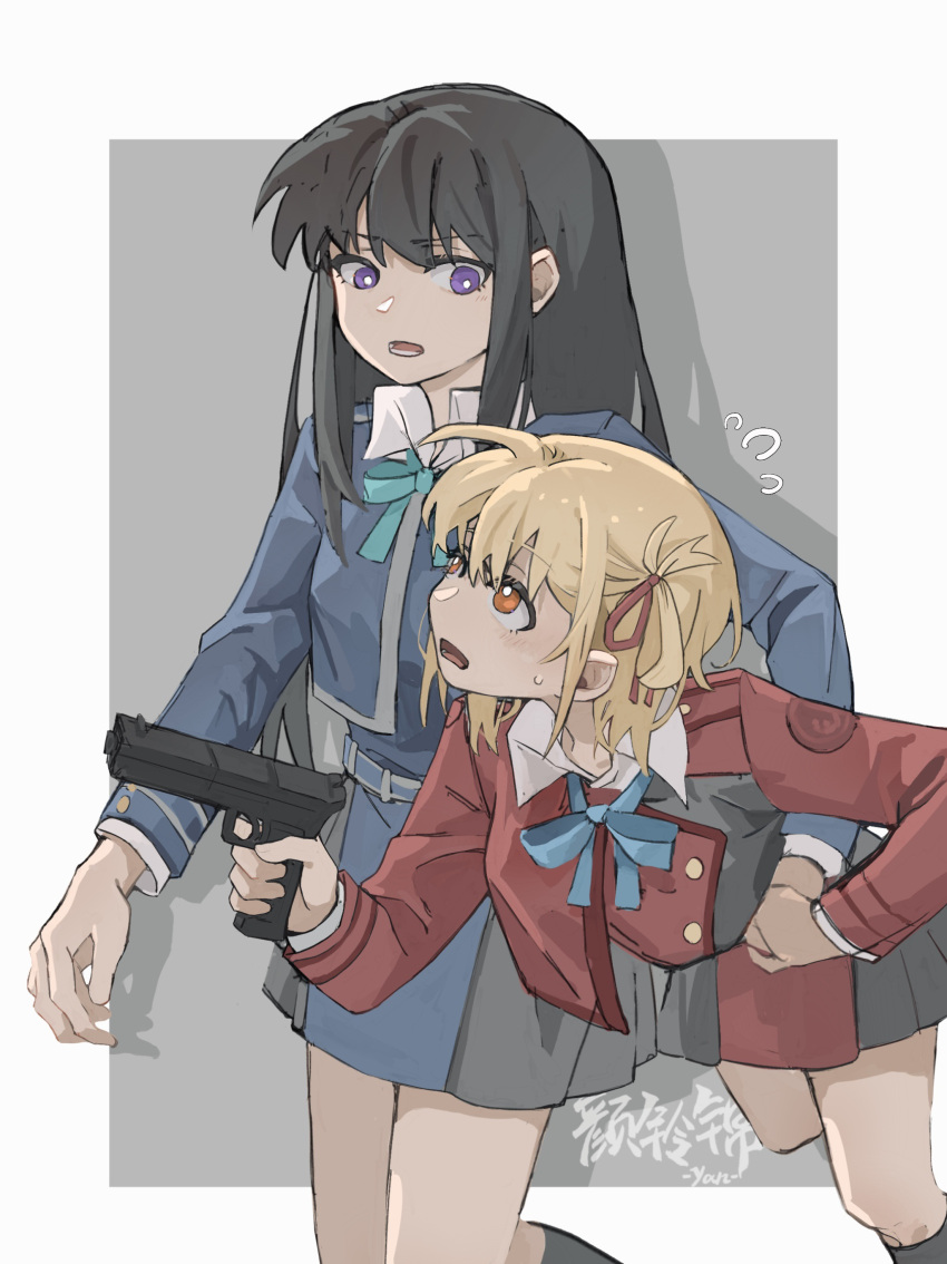 2girls absurdres black_hair blonde_hair blue_dress blue_ribbon blush bright_pupils carrying carrying_person carrying_under_arm chinese_commentary commentary_request dress flying_sweatdrops gun hair_ribbon handgun highres holding holding_gun holding_weapon inoue_takina long_hair long_sleeves looking_at_another lycoris_recoil lycoris_uniform medium_hair multiple_girls neck_ribbon nishikigi_chisato open_mouth orange_eyes parted_lips purple_eyes red_dress red_ribbon ribbon sweatdrop weapon white_pupils yanlingjinshilihuahua yuri