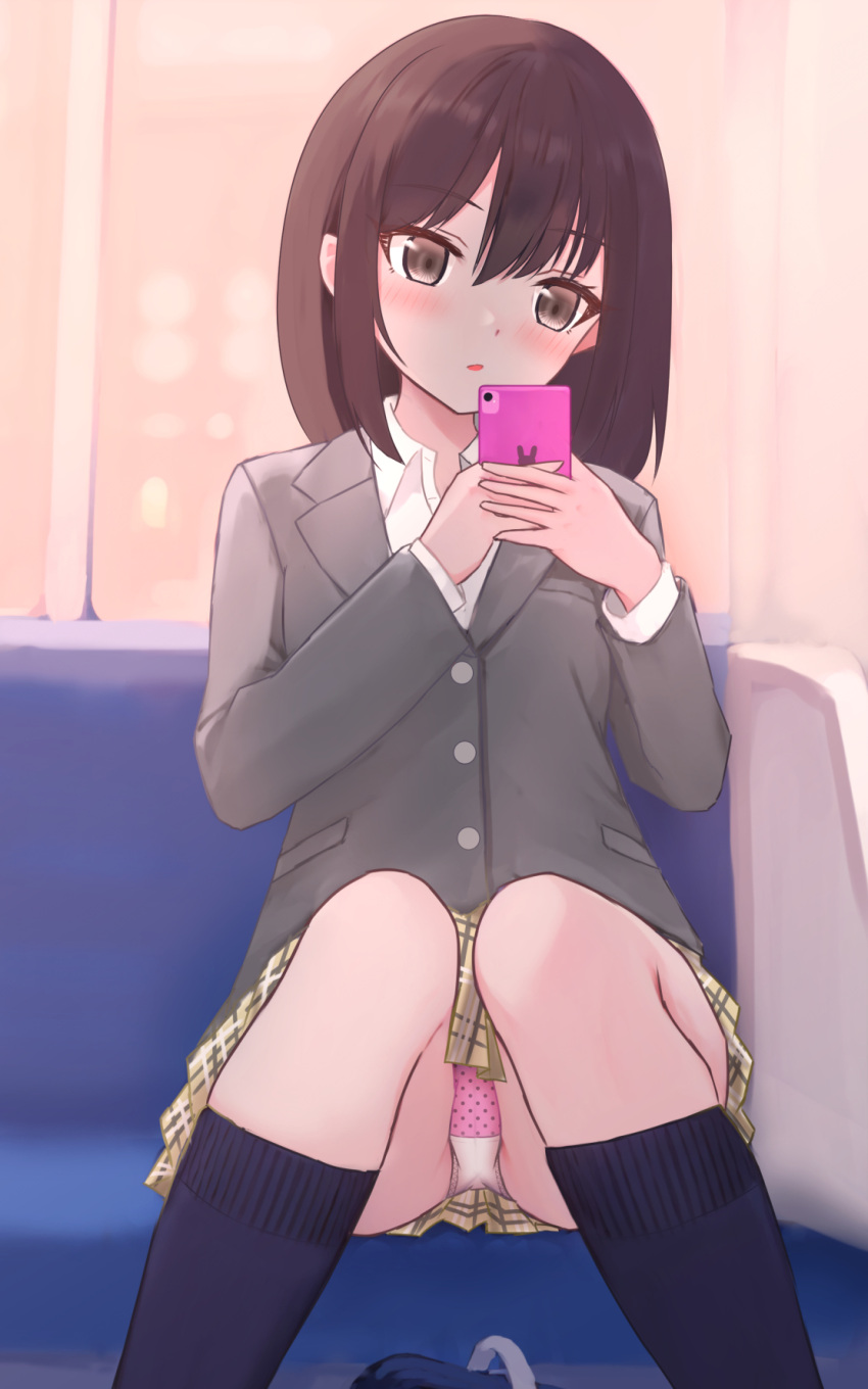 1girl :o accidental_exposure bag black_socks blazer brown_eyes brown_hair commentary_request grey_jacket highres holding holding_phone jacket kneehighs knees_together_feet_apart light_blush long_sleeves looking_at_phone medium_hair miniskirt original panties pantyshot parted_lips phone pink_panties plaid plaid_skirt pleated_skirt polka_dot polka_dot_panties school_bag school_uniform shirt shooko sitting skirt socks solo train_interior underwear uniform upskirt white_shirt yellow_skirt