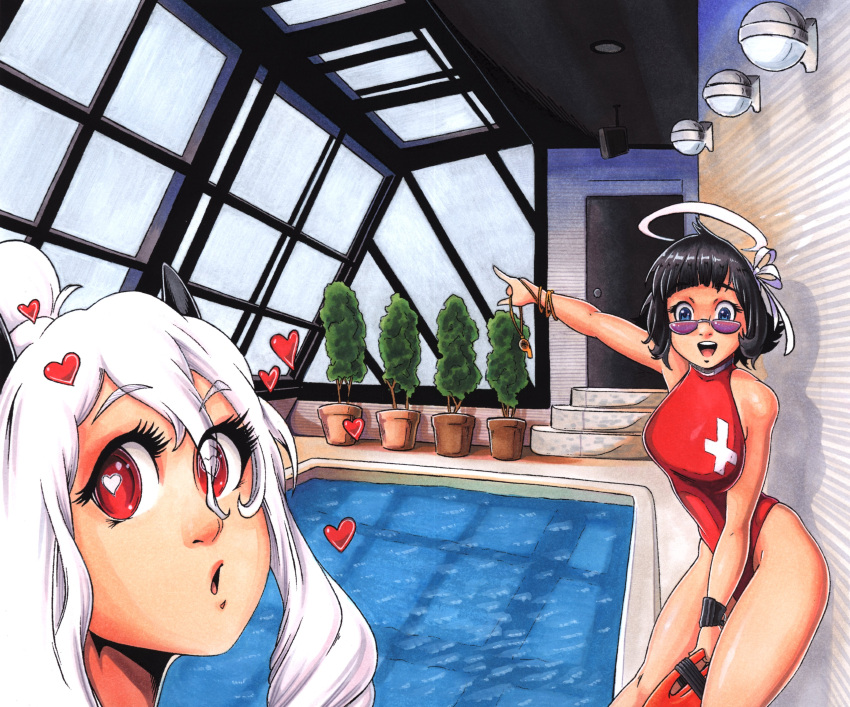 2girls absurdres angel azazel_(helltaker) black_hair blue_eyes demon demon_girl demon_horns glasses halo heart heart-shaped_pupils helltaker highres horns looking_at_viewer modeus_(helltaker) multiple_girls one-piece_swimsuit paperskinned pointing pool red_eyes rei_no_pool swimsuit symbol-shaped_pupils white_hair