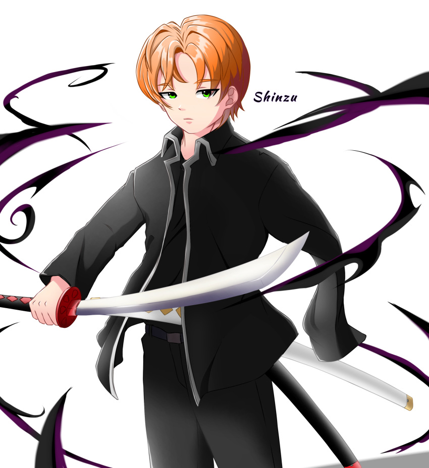 absurdres black_dress darkness dress highres katana male_focus non-web_source orange_hair original short_hair sword weapon