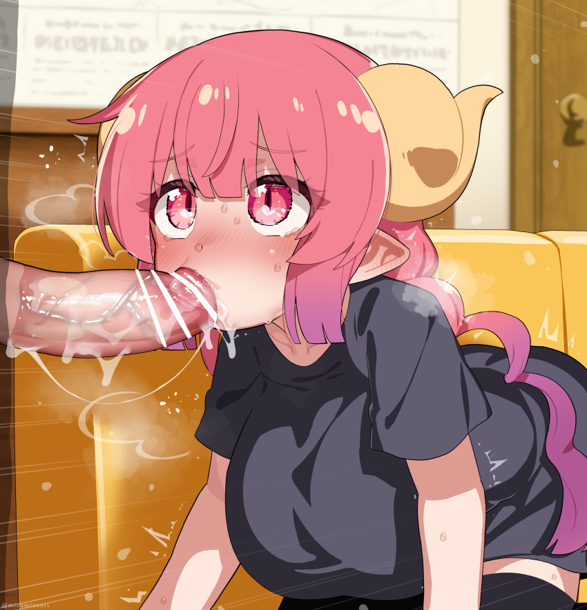 1boy 1girl ^^^ absurdres all_fours bar_censor black_shirt black_thighhighs blush breasts censored couch dragon_girl dragon_horns ear_blush erection fellatio gradient_hair heart heart_in_eye heavy_breathing hetero highres horns ilulu_(maidragon) indoors kobayashi-san_chi_no_maidragon mixed-language_commentary mizumizuni motion_lines multicolored_hair nose_blush on_couch oral paid_reward_available penis pink_eyes pink_hair pointy_ears purple_hair saliva saliva_on_penis saliva_trail shirt short_sleeves slit_pupils solo_focus sweat symbol_in_eye tearing_up thighhighs twintails variant_set veins veiny_penis x-ray yellow_horns