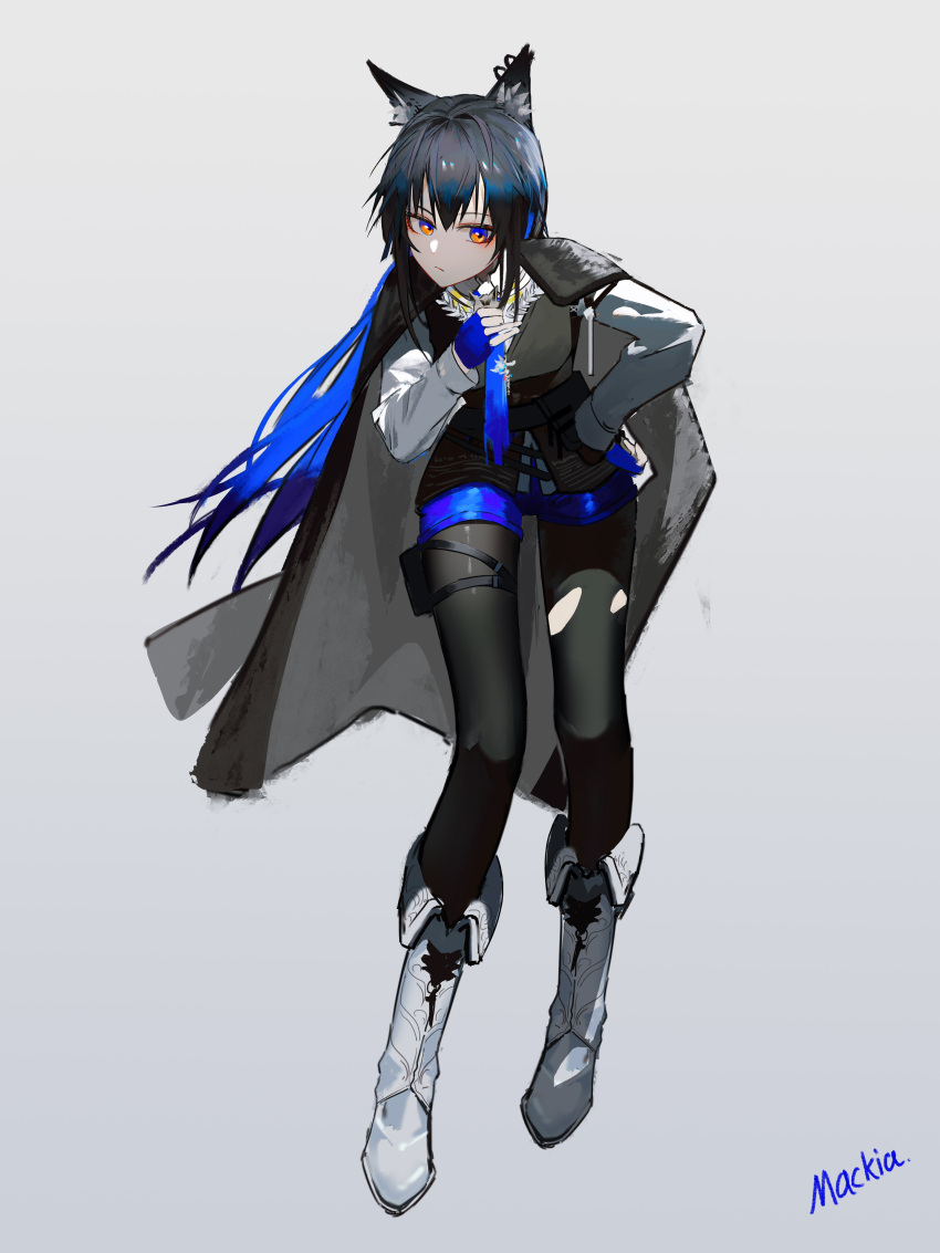 1girl absurdres animal_ear_fluff animal_ears arknights artist_name black_hair black_jacket black_vest blue_gloves blue_necktie blue_shorts boots collared_shirt commentary full_body gloves grey_background highres jacket jacket_on_shoulders leaning_forward long_hair long_sleeves mackia necktie pink_eyes shirt shorts simple_background solo texas_(arknights) texas_the_omertosa_(arknights) thigh_pouch vest white_footwear white_shirt wolf_ears wolf_girl