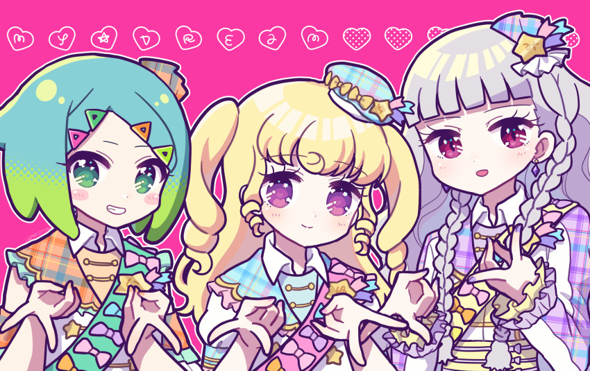 3girls :d blonde_hair blue_hair blunt_bangs braid closed_mouth collared_shirt double_v gradient_hair green_eyes green_hair grey_hair gyaru_v highres idol_clothes idol_time_pripara jacket koda_michiru kokichi_yoko long_hair long_sleeves looking_at_viewer miichiru_(pripara) multicolored_hair multiple_girls nijiiro_nino open_mouth pink_background pretty_series pripara purple_eyes red_eyes ringlets shirt short_hair smile star_(symbol) triangle_hair_ornament twin_braids two_side_up upper_body v very_long_hair wavy_hair white_jacket white_shirt yumekawa_yui