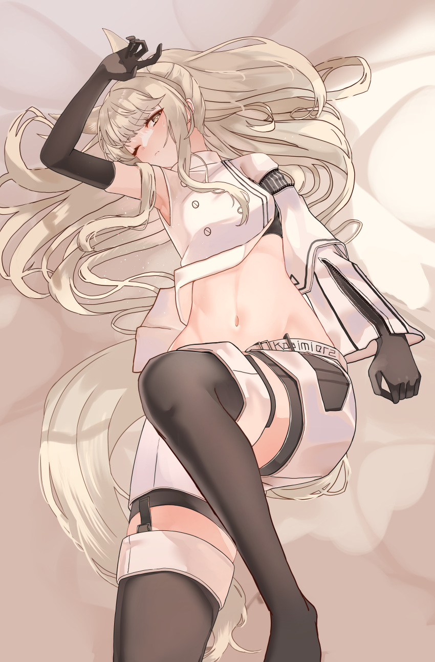 1girl absurdres animal_ears arknights arm_up armpits bed_sheet black_footwear black_gloves boots brown_eyes brown_hair elbow_gloves feet_out_of_frame gloves groin highres horse_ears horse_girl horse_tail long_hair long_sleeves looking_at_viewer lying midriff navel on_back platinum_(arknights) shirt shorts single_sleeve solo suzubotan tail thigh_boots very_long_hair white_shirt white_shorts