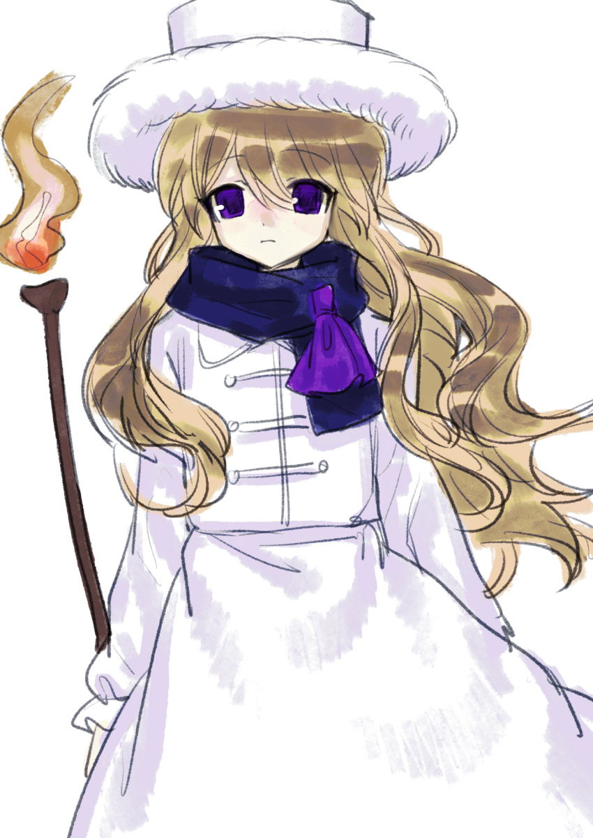 1girl absurdres bingkuaihei blonde_hair character_request commentary flat_chest fur-trimmed_headwear fur_trim hair_between_eyes highres jacket long_hair long_sleeves meet_again_in_the_night original purple_eyes purple_scarf scarf simple_background skirt solo symbol-only_commentary touhou wavy_hair white_background white_hat white_jacket white_skirt