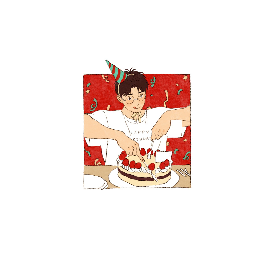 1boy brown_hair cake chengongzi123 closed_mouth confetti cutting english_text food fork hands_up happy_birthday hat highres holding holding_fork holding_knife knife kogure_kiminobu licking_lips looking_at_food male_focus party_hat plate red_background short_hair simple_background slam_dunk_(series) tongue tongue_out upper_body very_short_hair