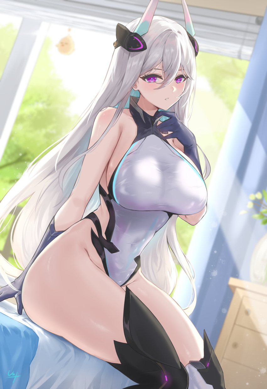 1girl absurdres azur_lane bare_shoulders black_gloves black_thighhighs blush breasts covered_navel elbow_gloves gloves grey_hair hair_ornament highleg highleg_swimsuit highres kearsarge_(azur_lane) large_breasts long_hair looking_at_viewer one-piece_swimsuit purple_eyes sitting solo swimsuit thighhighs thighs unique_(pixiv12704744) white_one-piece_swimsuit