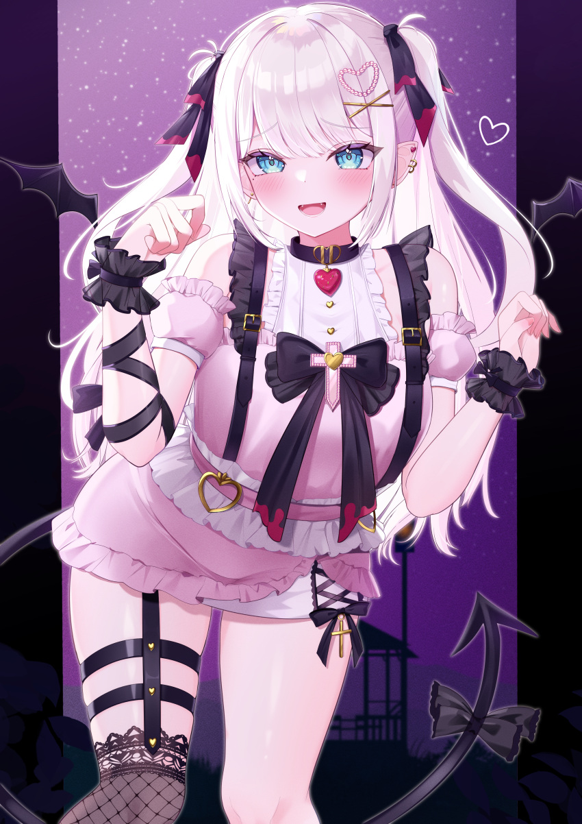 1girl absurdres akuame_(ring3922) black_bow blue_eyes blush bow demon_tail demon_wings dress ear_piercing fangs hair_ornament heart heart_hair_ornament highres indie_virtual_youtuber long_hair looking_at_viewer mini_wings open_mouth over-kneehighs pendant_collar piercing pink_nails pointy_ears short_dress single_over-kneehigh single_thighhigh sleeveless sleeveless_dress solo tail tail_bow tail_ornament thigh_strap thighhighs virtual_youtuber white_hair wings wrist_cuffs x_hair_ornament yumeichi_shinoa