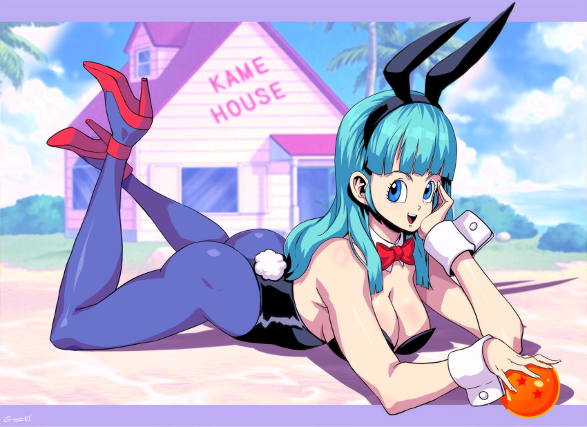 1girl animal_ears aqua_hair black_leotard blue_eyes blue_pantyhose blue_sky blunt_bangs bow bowtie breasts bulma cloud detached_collar dragon_ball dragon_ball_(classic) dragon_ball_(object) genzoman high_heels highres house large_breasts leotard long_hair lying on_stomach pantyhose playboy_bunny rabbit_ears rabbit_tail red_bow red_bowtie red_footwear sky solo strapless strapless_leotard tail thong_leotard wrist_cuffs