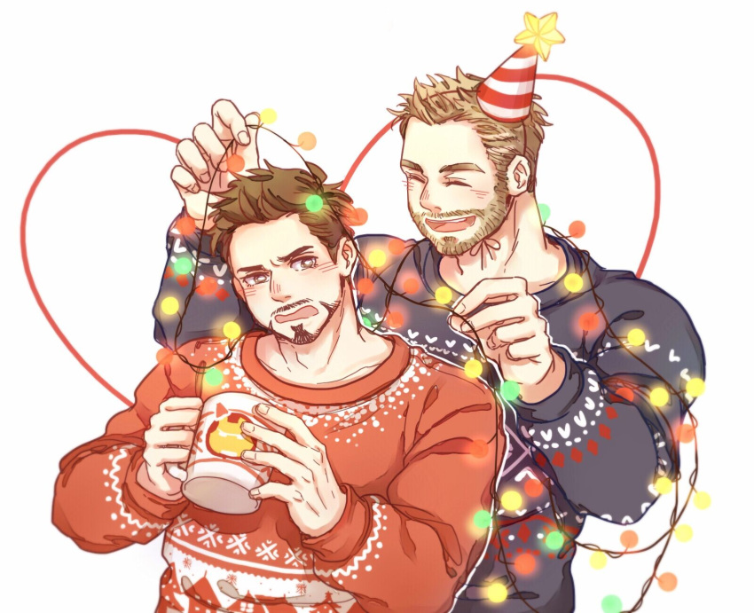 2boys animal_print animification avengers_(series) beard black_sweater blonde_hair blush brown_eyes brown_hair character_print chinese_commentary christmas_lights closed_eyes commentary_request cup deer_print facial_hair fingernails hands_up hat hat_ornament heart heart_print highres holding holding_cup iron_man long_sleeves looking_at_another male_focus marvel marvel_cinematic_universe multiple_boys open_mouth party_hat puffy_long_sleeves puffy_sleeves red_hat red_sweater short_hair simple_background smile snowflake_print standing star_(symbol) star_hat_ornament striped_clothes striped_headwear sweater teeth thor_(marvel) tony_stark two-tone_hat v-shaped_eyebrows white_background white_hat wodeyongheng