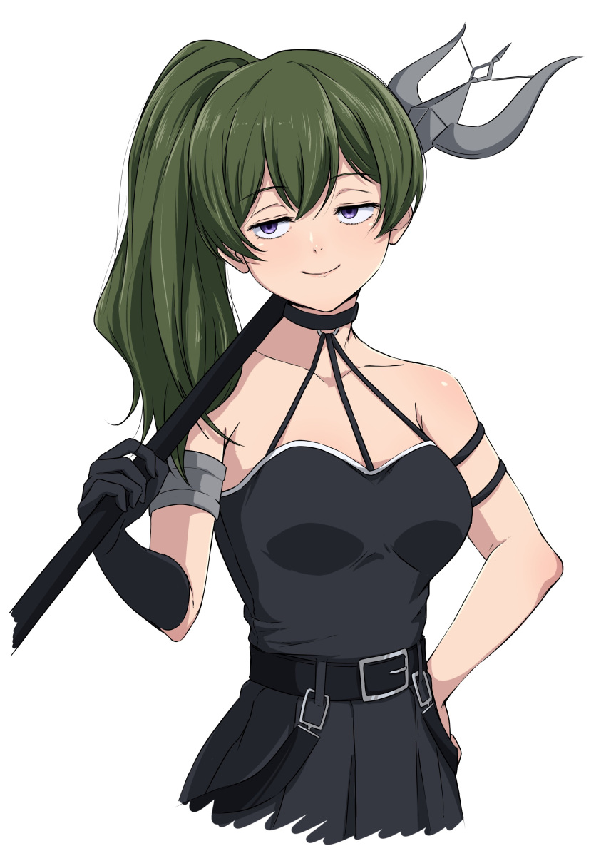 1girl absurdres arm_strap bare_shoulders belt belt_buckle black_belt black_choker black_dress black_gloves breasts buckle choker closed_mouth collarbone commentary_request cropped_legs dress elbow_gloves gloves green_hair hand_on_own_hip highres holding holding_polearm holding_weapon long_hair looking_to_the_side nishizuki_shino o-ring o-ring_choker over_shoulder pleated_skirt polearm purple_eyes side_ponytail simple_background single_glove skirt sleeveless small_breasts smile solo sousou_no_frieren ubel_(sousou_no_frieren) weapon weapon_over_shoulder white_background