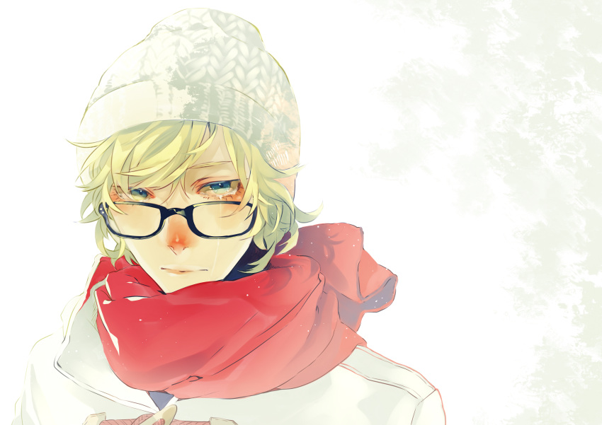 1boy absurdres beanie blonde_hair blue_eyes closed_mouth commentary_request crying crying_with_eyes_open fasna glasses green_eyes hat highres jacket looking_at_viewer male_focus original red_scarf scarf short_hair solo tears upper_body white_background white_hat white_jacket