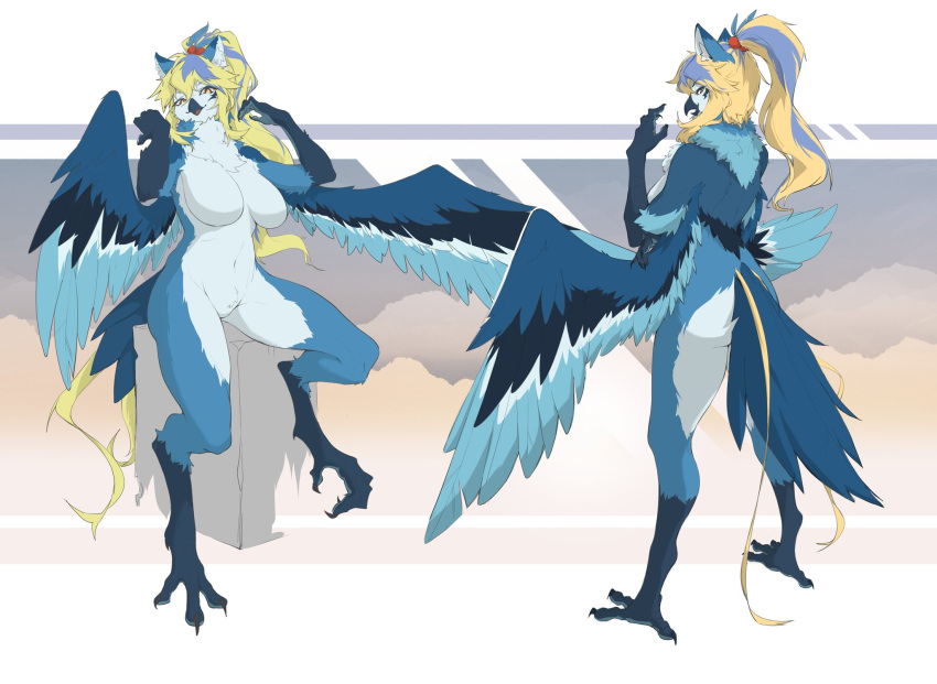 2023 4_claws 4_toes anisodactyl anthro arms_bent avian avian_feet beak bent_legs biped bird blonde_hair blue_arms blue_beak blue_body blue_claws blue_ears blue_feathers blue_feet blue_hair blue_toe_claws blue_toes blue_wings breasts chinese_description claws cmuhui english_description eyebrow_through_hair eyebrows eyelashes facial_markings feather_tuft feathers featureless_breasts featureless_crotch feet female female_anthro full-length_portrait hair head_markings hi_res lidigeneer_(lidigeneer) long_hair looking_at_viewer markings multicolored_hair multiple_poses navel neck_tuft non-mammal_breasts open_mouth portrait pose solo standing tail tail_feathers talons thin_eyebrows three-quarter_view toe_claws toes translucent translucent_hair tuft two_tone_hair wings