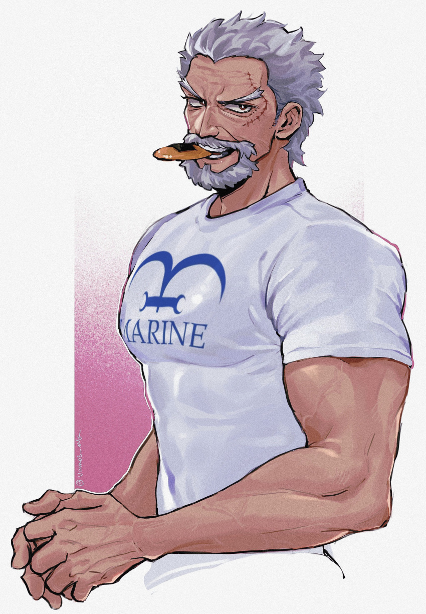 1boy absurdres beard biceps bright_pupils brown_eyes clothes_writing facial_hair food food_in_mouth grey_facial_hair grey_hair highres male_focus mature_male monkey_d._garp mouth_hold muscular muscular_male old old_man one_piece open_mouth scar scar_on_face senbei shirt short_hair short_sleeves solo teeth thick_eyebrows upper_body vamos_mk veins veiny_arms white_background white_pupils white_shirt widow's_peak