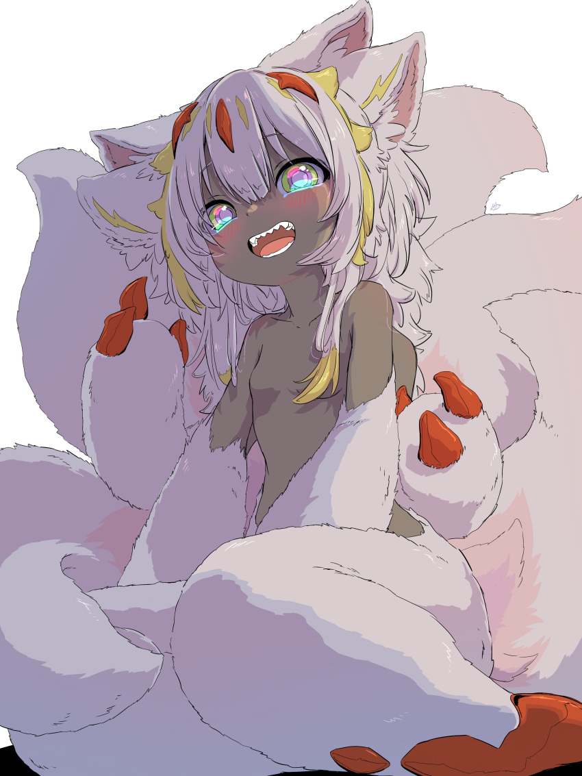 1girl absurdres animal_ears animal_hands blush breasts commentary dark-skinned_female dark_skin extra_arms faputa highres looking_at_viewer made_in_abyss medium_hair monster_girl multicolored_eyes multiple_tails no_nipples open_mouth sekaineko_001 sharp_teeth simple_background small_breasts smile solo tail tareme teeth white_background white_fur white_hair