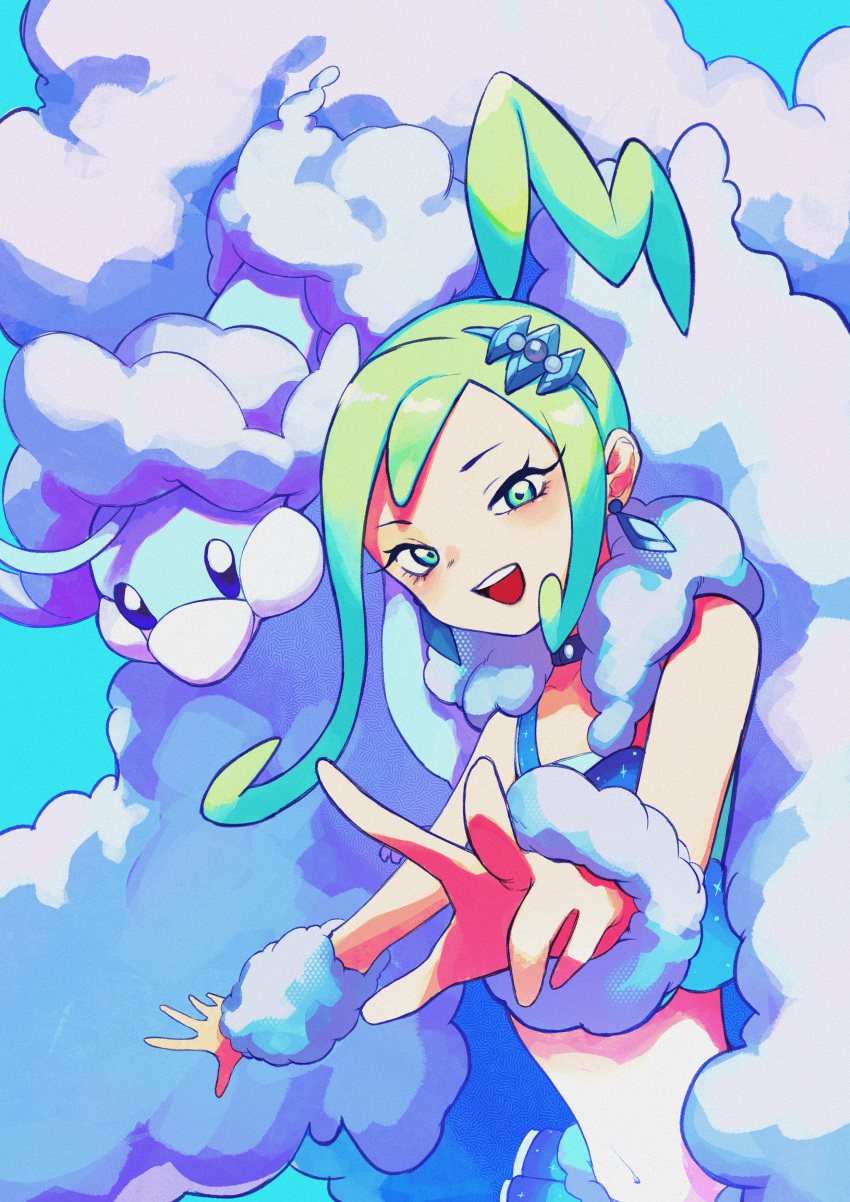 1girl absurdres altaria arm_warmers bare_shoulders blue_background blue_choker blue_eyes blue_shirt blue_skirt blush choker collarbone commentary_request crop_top earrings fluffy fur_collar green_eyes green_hair hair_ornament happy high_ponytail highres jewelry kuroron_(kuro_ron) lisia_(pokemon) looking_at_viewer medium_hair mega_altaria mega_pokemon miniskirt navel open_mouth outstretched_arms partial_commentary pleated_skirt pokemon pokemon_(creature) pokemon_oras shirt sidelocks skirt sleeveless sleeveless_shirt smile standing stomach teeth upper_body w