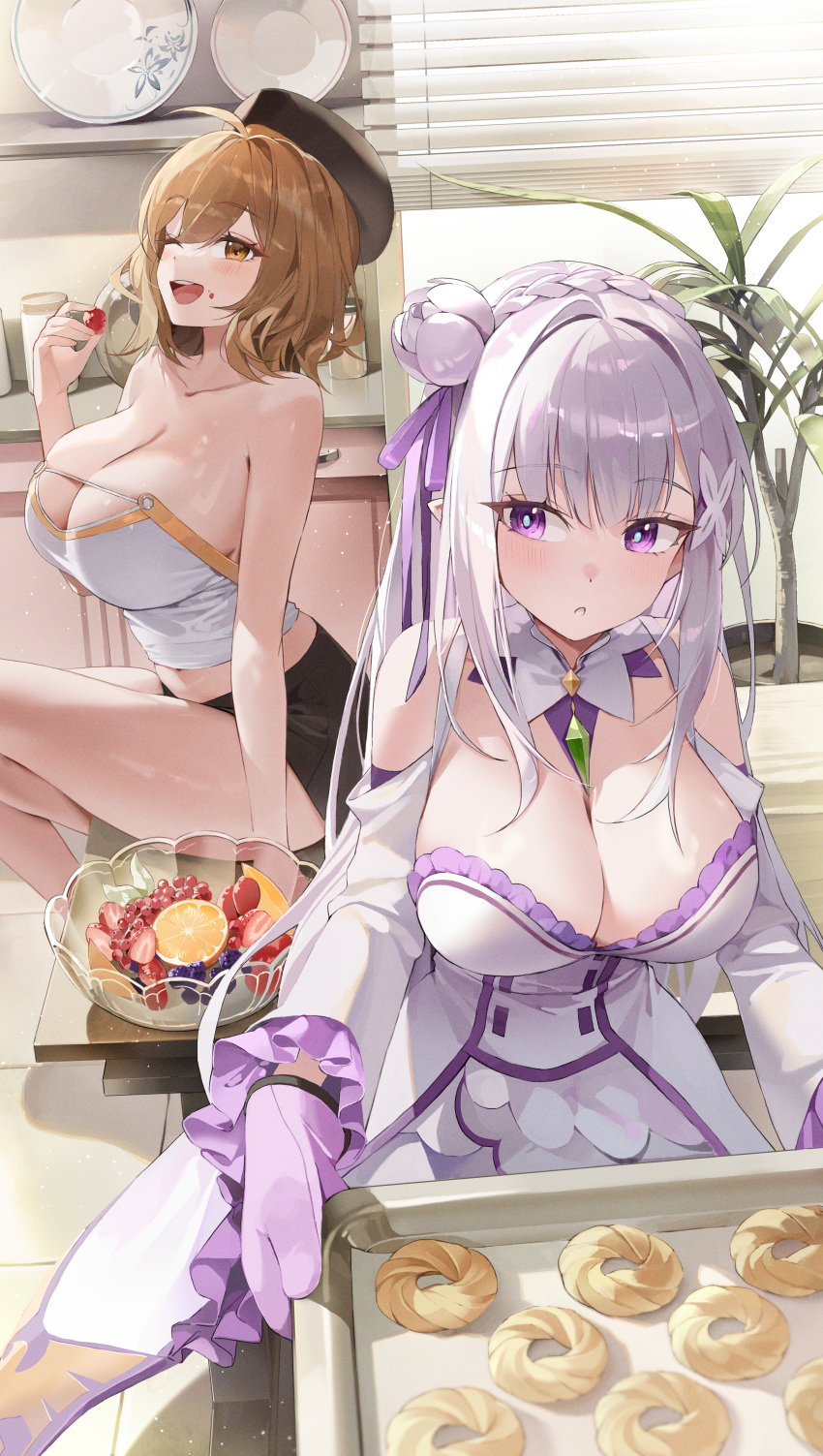 2girls ;d absurdres ahoge anis_(nikke) bare_arms bare_shoulders black_hat black_shorts breasts brown_eyes brown_hair choyeon cleavage collarbone commentary_request crop_top crossover detached_sleeves dress emilia_(re:zero) food fruit gloves goddess_of_victory:_nikke hair_ornament hand_up hat highres holding holding_tray indoors korean_commentary large_breasts long_hair long_sleeves looking_at_viewer micro_shorts midriff multiple_girls one_eye_closed open_mouth purple_eyes re:zero_kara_hajimeru_isekai_seikatsu shirt short_hair short_shorts shorts sitting skindentation smile strapless strapless_shirt thighs tray white_dress white_hair white_shirt wide_sleeves