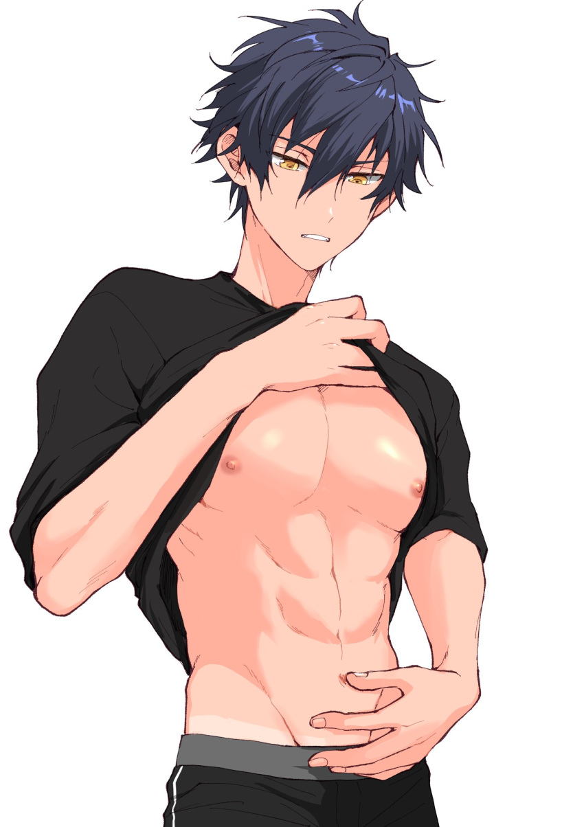 1boy abs black_shirt blue_hair clothes_lift ensemble_stars! hair_between_eyes hand_on_own_chest hand_on_own_stomach highres looking_down male_focus navel nipples parted_lips pectorals sazanami_jun shirt shirt_lift short_hair short_sleeves simple_background solo tan tanlines toroi_(run01211) upper_body yellow_eyes