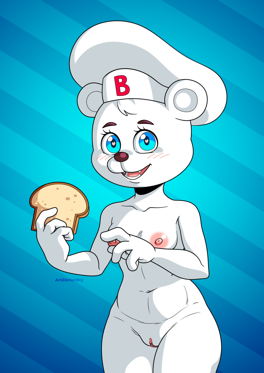 absurd_res anthro areola artidemonboy bear bimbo_(bakery) bimbo_bear blue_background blue_eyes blush blush_lines bread breasts chef_hat clothing eyelashes female food fur genitals hat headgear headwear heart_eyes heart_symbol hi_res holding_bread holding_food holding_object looking_at_viewer mammal navel nipples nude open_mouth open_smile pattern_background pink_areola pink_nipples pink_pussy pussy simple_background small_breasts smile solo striped_background thick_thighs white_body white_fur wide_hips