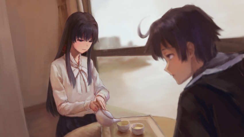 1boy 1girl ahoge black_hair black_jacket blue_eyes closed_mouth cup hair_ribbon highres hikigaya_hachiman holding holding_teapot indoors jacket long_hair long_sleeves neck_ribbon profile red_ribbon ribbon shirt short_hair table tea teacup teapot tray viscum white_ribbon white_shirt window yahari_ore_no_seishun_lovecome_wa_machigatteiru. yukinoshita_yukino