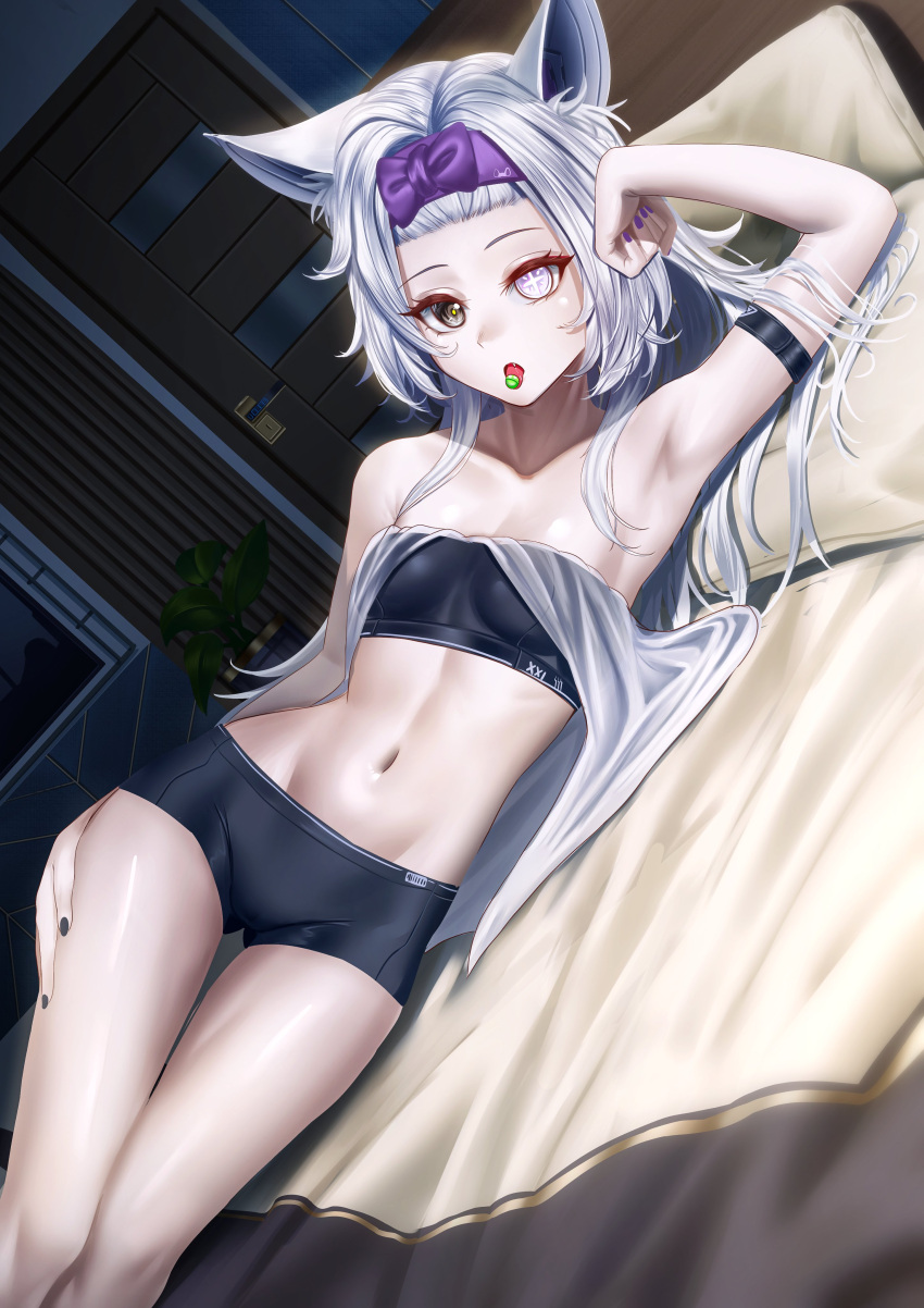 1girl absurdres animal_ears black_bra black_panties bra cross-shaped_pupils fang food_in_mouth grey_hair hair_intakes hairband heterochromia highres indoors long_hair manjo_(warito) mechanical_ears mismatched_pupils navel no.21:_feral_scent_(punishing:_gray_raven) no.21_(punishing:_gray_raven) open_mouth panties punishing:_gray_raven purple_hairband purple_nails sidelocks solo symbol-shaped_pupils underwear wolf_ears