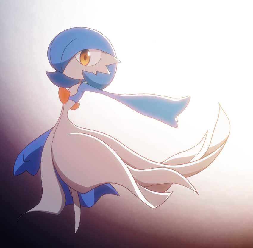 absurdres alternate_color blue_hair bob_cut colored_skin dress envi55109095 gardevoir gradient_background hair_over_one_eye highres multicolored_skin orange_eyes pokemon pokemon_(creature) shiny_pokemon simple_background two-tone_skin white_dress white_skin