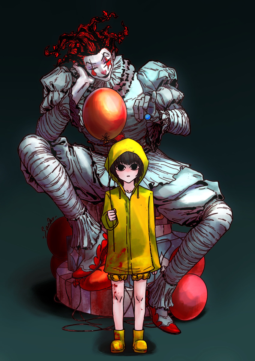 absurdres aged_down alternate_costume balloon candy clown empty_eyes evil_smile facial_mark food full_body highres hisoka_morow horror_(theme) hunter_x_hunter illumi_zoldyck it_(stephen_king) lollipop looking_at_viewer male_focus red_hair sanho_sanho short_hair size_difference smile spiked_hair spread_legs standing star_(symbol) star_facial_mark straight-on teardrop_facial_mark time_paradox yellow_raincoat