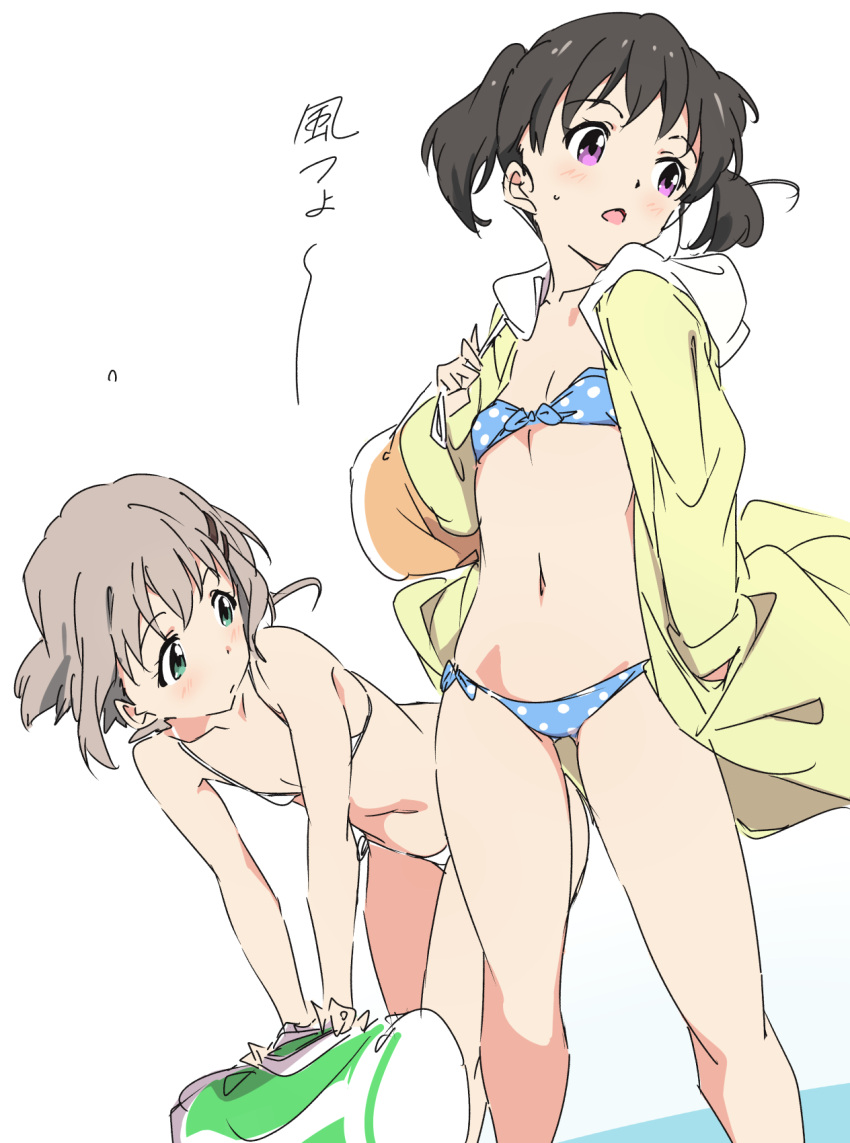 2girls bag bikini black_hair blue_bikini blush breasts flat_chest green_eyes grey_hair hair_ornament hairclip highres innertube jacket kuraue_hinata looking_at_another looking_to_the_side multiple_girls navel open_mouth polka_dot polka_dot_bikini purple_eyes short_hair short_twintails side-tie_bikini_bottom simple_background small_breasts swim_ring swimsuit twintails umanosuke white_background white_bikini yama_no_susume yukimura_aoi