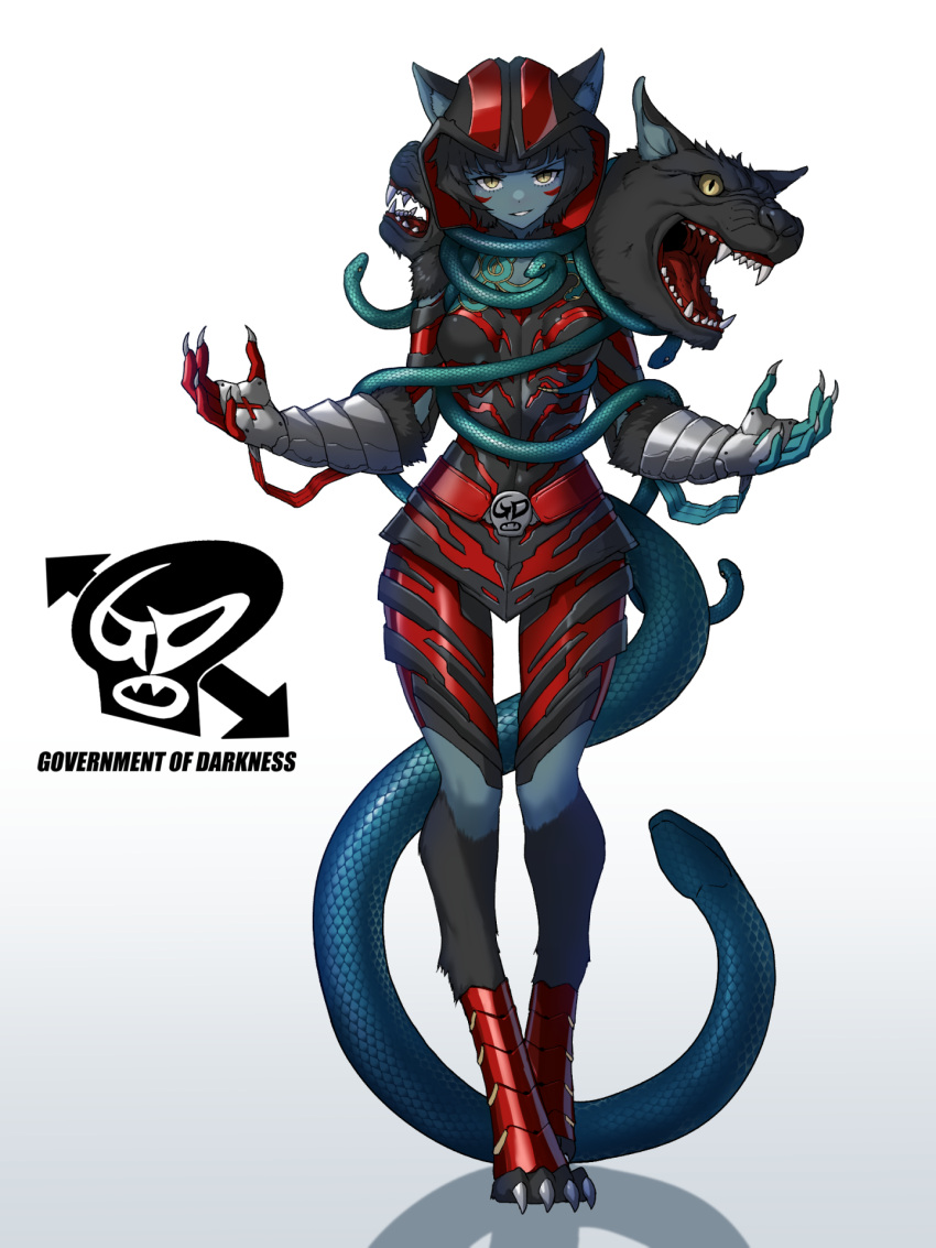 1girl animal_ear_fluff animal_ears animal_feet armor black_hair cerberus character_request colored_skin copyright_request digitigrade dog_ears eidenjyou1997 full_body gauntlets gradient_background grey_skin highres kaijin looking_at_viewer monster_girl multiple_heads personification snake snake_head_tail solo tail yellow_eyes