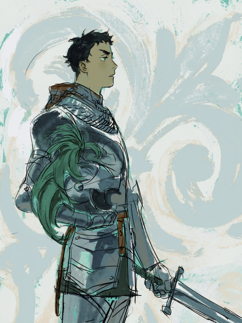 1boy akaashi_keiji armor black_hair chengongzi123 commentary cowboy_shot green_eyes haikyuu!! hand_up helmet highres holding holding_helmet holding_sword holding_weapon knight looking_to_the_side male_focus open_mouth plume short_hair standing sword symbol-only_commentary very_short_hair weapon