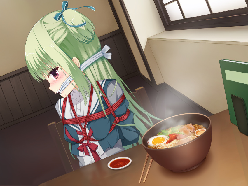 1girl absurdres bdsm blue_ribbon blunt_bangs blunt_ends blush bondage bound breasts chopsticks commentary drooling dutch_angle egg_(food) food furrowed_brow gag gagged green_hair green_jacket hair_ribbon highres hime_cut improvised_gag jacket long_hair meitoku mouth_drool murasame_(senren) neglect_play noodles nose_blush on_chair open_mouth profile ramen red_eyes ribbon sailor_collar school_uniform senren_banka serafuku shibari sidelocks sitting small_breasts solo steam straight_hair table tears teeth two_side_up upper_body very_long_hair white_sailor_collar