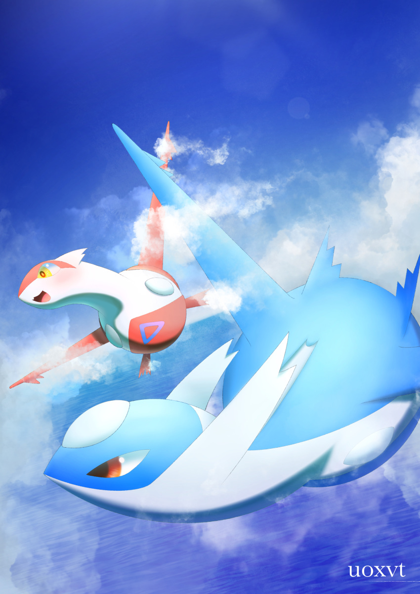 :3 absurdres animal_focus artist_name blue_background blue_theme blush cloud day dutch_angle flying happy highres latias latios lens_flare looking_to_the_side midair no_humans ocean open_mouth outdoors pokemon pokemon_(creature) red_eyes smile uoxvt watermark yellow_eyes