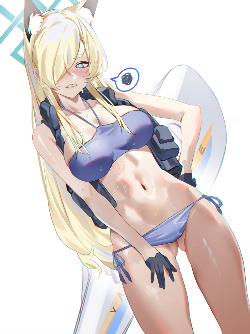 1girl absurdres animal_ear_fluff animal_ears ass_visible_through_thighs bikini black_gloves blonde_hair blue_archive blue_bikini blue_eyes blue_halo blush breasts clenched_teeth extra_ears gloves hair_over_one_eye halo highres joacy kanna_(blue_archive) large_breasts long_hair navel sharp_teeth simple_background solo spoken_squiggle squiggle swimsuit teeth thighs wet white_background